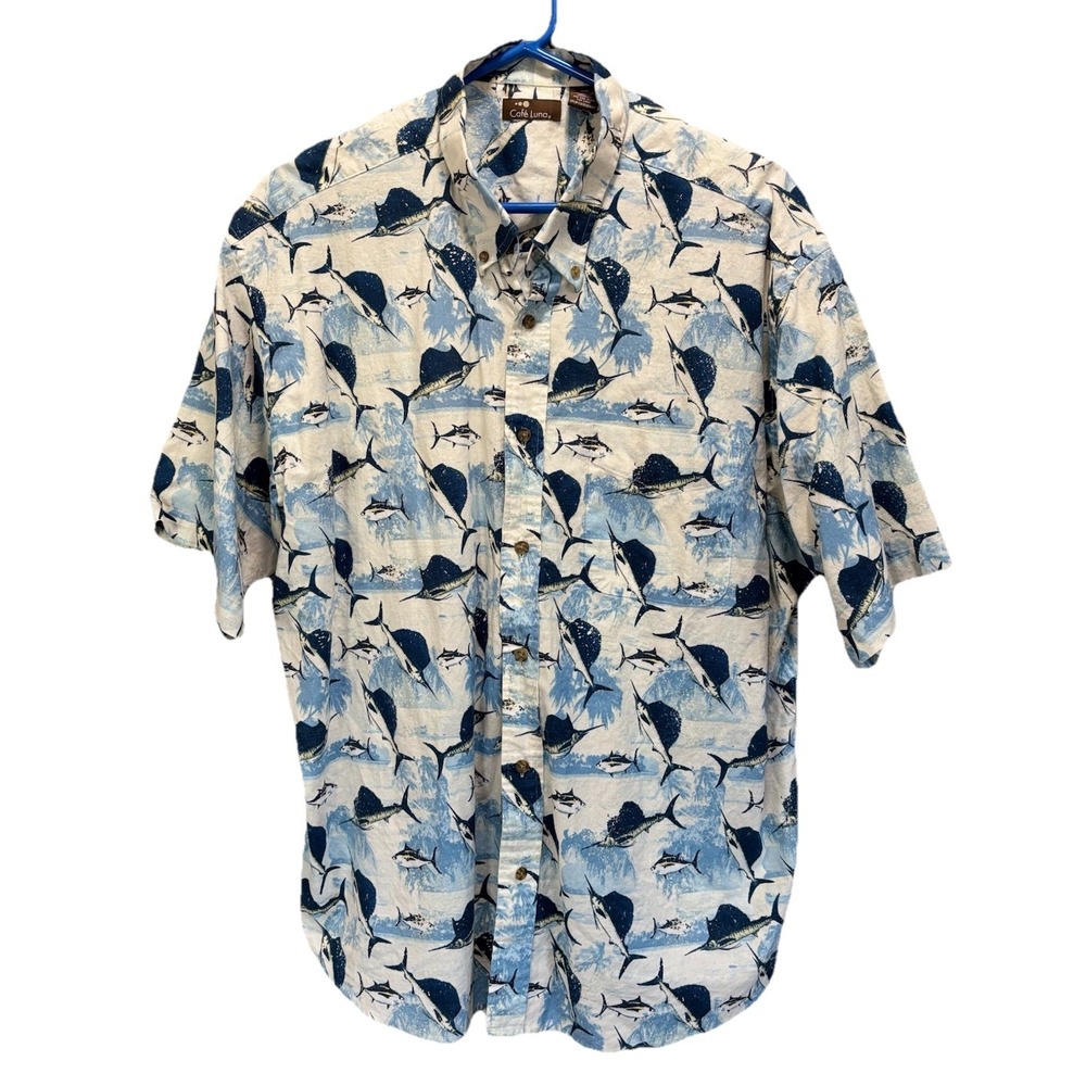 Cafe' Luna Swordfish Blue/WhiteShort Sleeve Button Up Shirt Size 2XL‎ Pockets